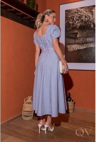 VESTIDO MIDI EM TRICOLINE FIO TINTO VIVADO - LUZIA FAZZOLLI