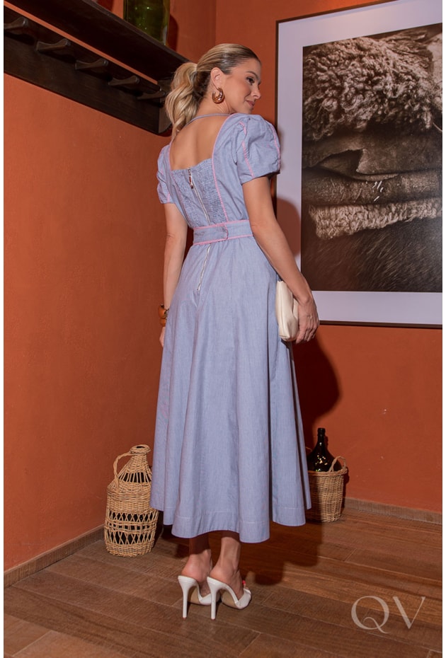 VESTIDO MIDI EM TRICOLINE FIO TINTO VIVADO - LUZIA FAZZOLLI