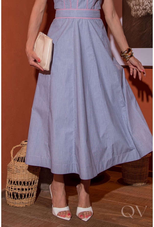 VESTIDO MIDI EM TRICOLINE FIO TINTO VIVADO - LUZIA FAZZOLLI