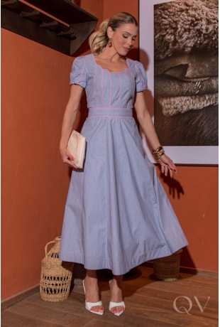 VESTIDO MIDI EM TRICOLINE FIO TINTO VIVADO - LUZIA FAZZOLLI