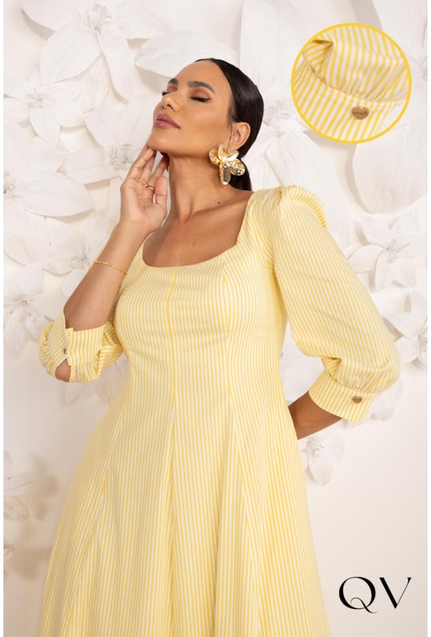 VESTIDO MIDI EM TRICOLINE LISTRADO AMARELO - LEKAZIS