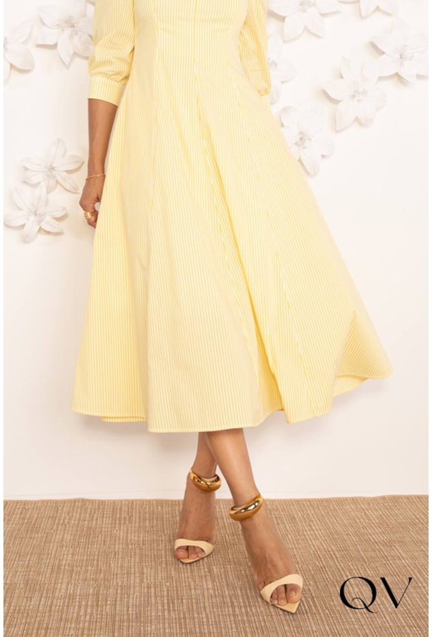 VESTIDO MIDI EM TRICOLINE LISTRADO AMARELO - LEKAZIS