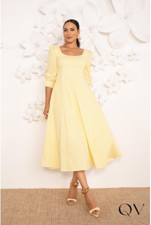 VESTIDO MIDI EM TRICOLINE LISTRADO AMARELO - LEKAZIS