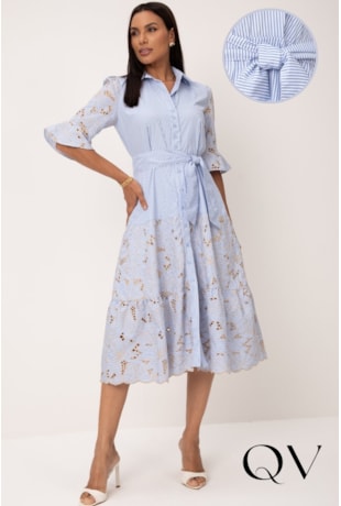 VESTIDO MIDI EM TRICOLINE LISTRADO AZUL BORDADO CRU - LEKAZIS