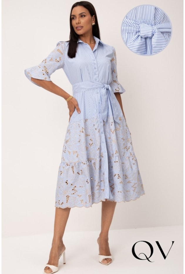 VESTIDO MIDI EM TRICOLINE LISTRADO AZUL BORDADO CRU - LEKAZIS