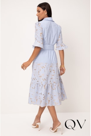 VESTIDO MIDI EM TRICOLINE LISTRADO AZUL BORDADO CRU - LEKAZIS