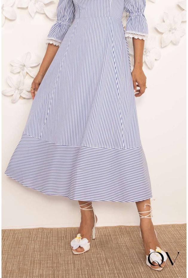 VESTIDO MIDI EM TRICOLINE LISTRADO AZUL - LEKAZIS