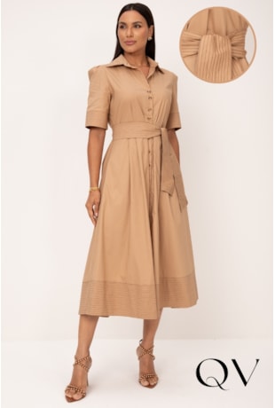 VESTIDO MIDI EM TRICOLINE PESPONTADO BEGE - LEKAZIS
