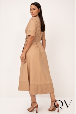 VESTIDO MIDI EM TRICOLINE PESPONTADO BEGE - LEKAZIS