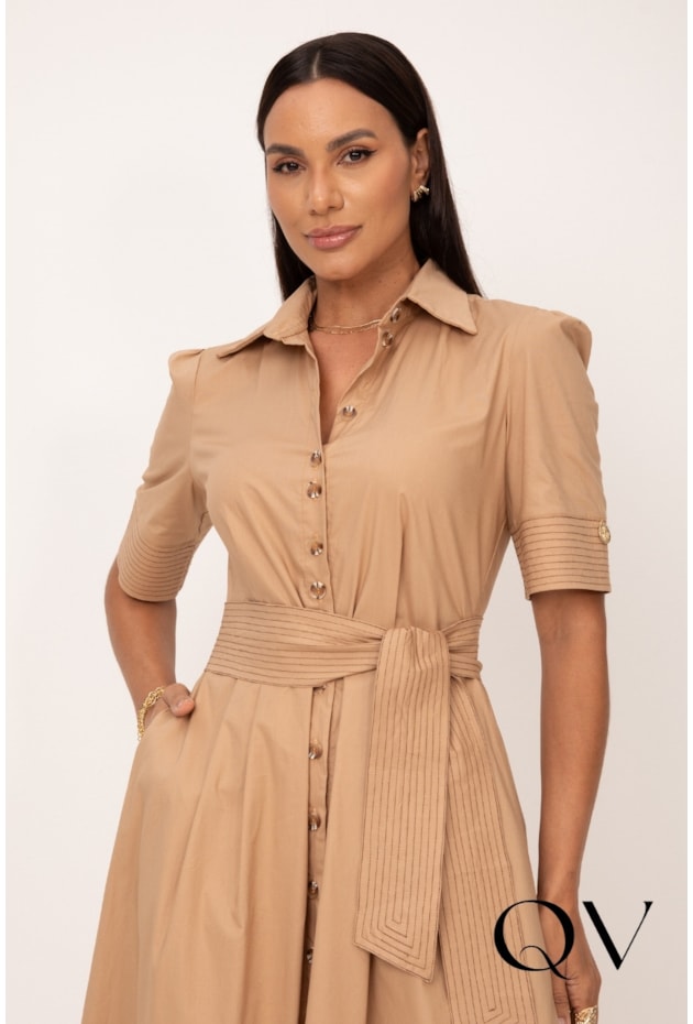 VESTIDO MIDI EM TRICOLINE PESPONTADO BEGE - LEKAZIS