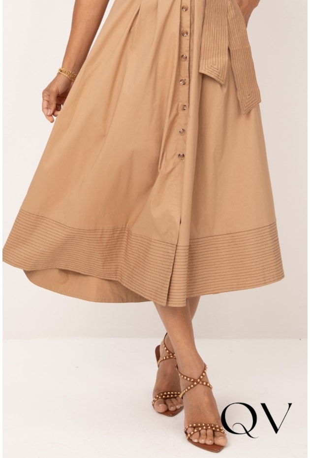 VESTIDO MIDI EM TRICOLINE PESPONTADO BEGE - LEKAZIS