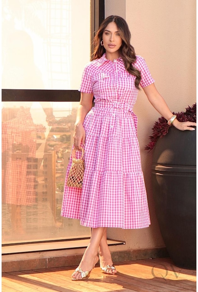 VESTIDO MIDI EM TRICOLINE XADREZ ROSA - LUZIA FAZZOLLI