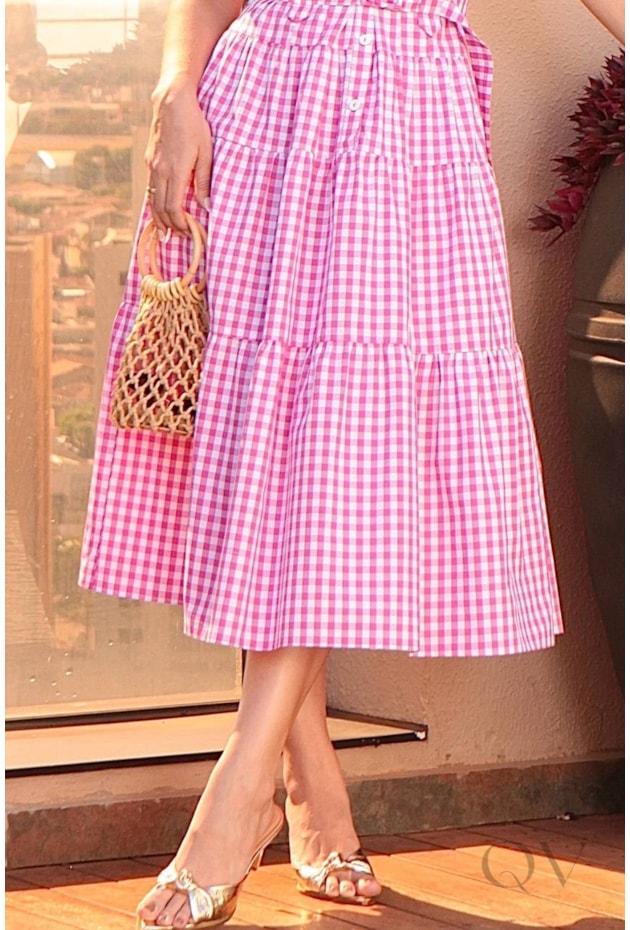 VESTIDO MIDI EM TRICOLINE XADREZ ROSA - LUZIA FAZZOLLI