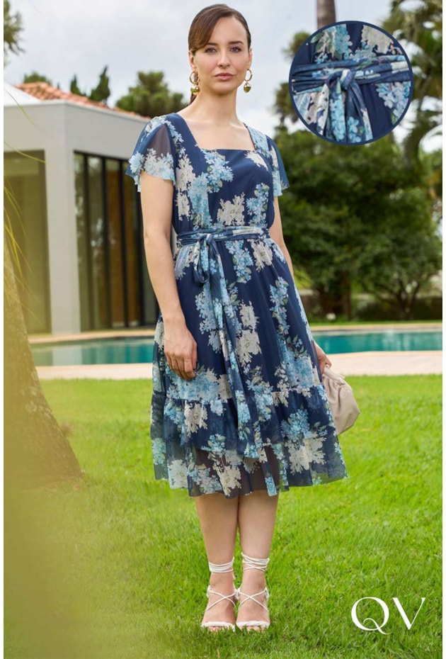 VESTIDO MIDI EM TULE ESTAMPA FLORAL AZUL - JANY PIM