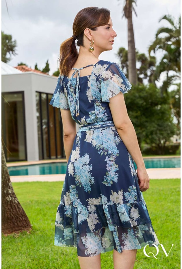 VESTIDO MIDI EM TULE ESTAMPA FLORAL AZUL - JANY PIM