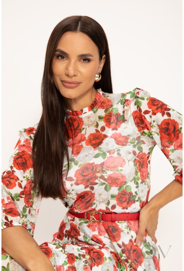 VESTIDO MIDI EM TULE FLORAL VERMELHO - LEKAZIS