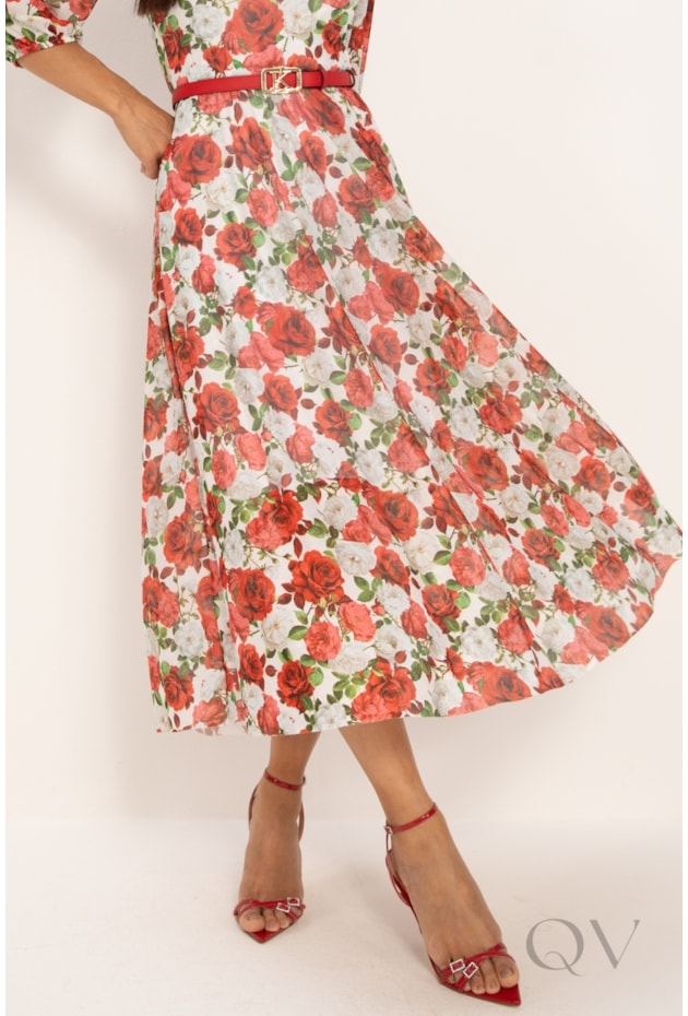 VESTIDO MIDI EM TULE FLORAL VERMELHO - LEKAZIS