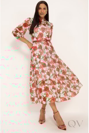 VESTIDO MIDI EM TULE FLORAL VERMELHO - LEKAZIS