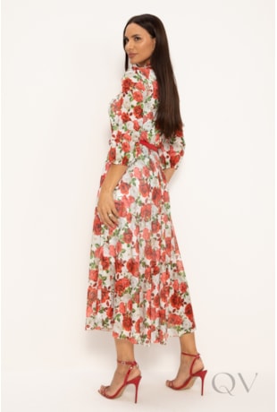 VESTIDO MIDI EM TULE FLORAL VERMELHO - LEKAZIS