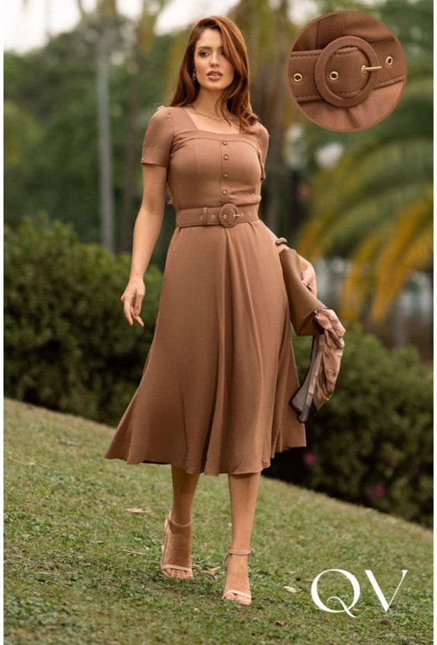 VESTIDO MIDI EM TWILL MARROM - JANY PIM