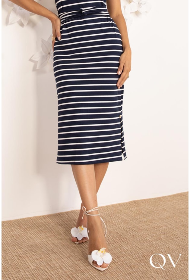 VESTIDO MIDI EM VISCOCREPE LISTRADO MARINHO - LEKAZIS