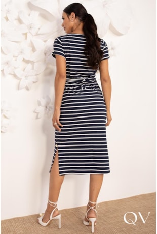 VESTIDO MIDI EM VISCOCREPE LISTRADO MARINHO - LEKAZIS