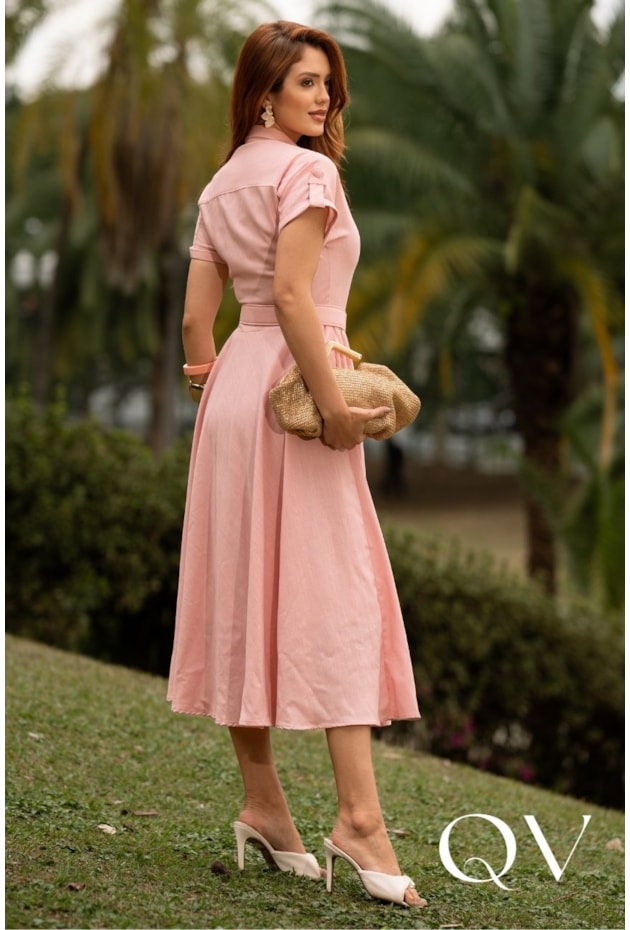 VESTIDO MIDI EM VISCOLINHO ROSA - JANY PIM