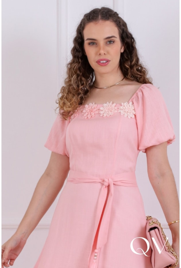 VESTIDO MIDI EM VISCOSE ROSA - PURO SHARMY