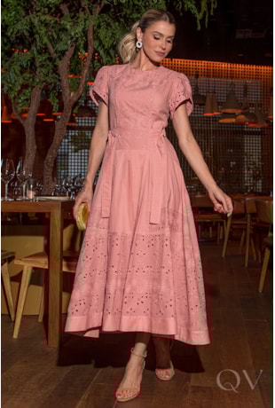 VESTIDO MIDI EM VOIL BORDADO E VOIL LISO ROSA - LUZIA FAZZOLLI