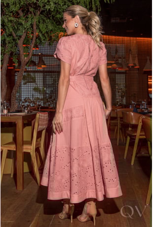 VESTIDO MIDI EM VOIL BORDADO E VOIL LISO ROSA - LUZIA FAZZOLLI