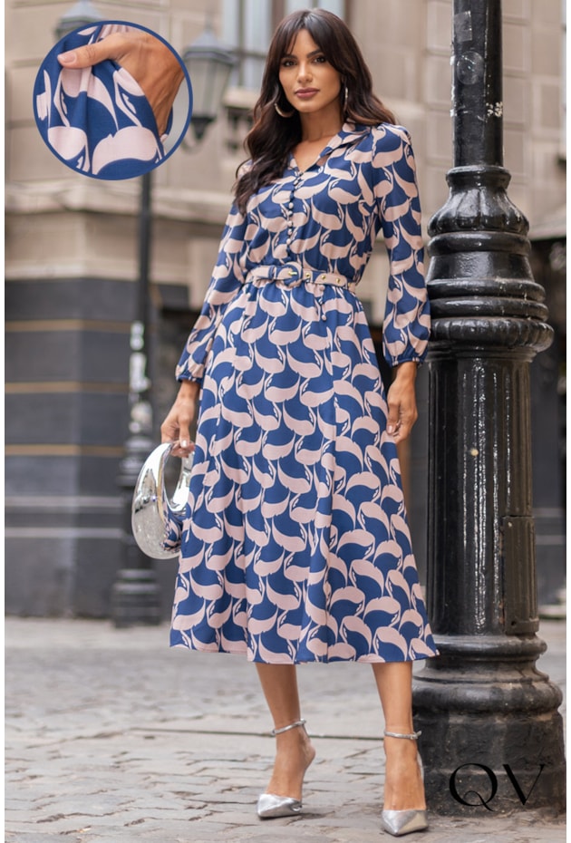 VESTIDO MIDI ESTAMPADO AZUL - JANY PIM