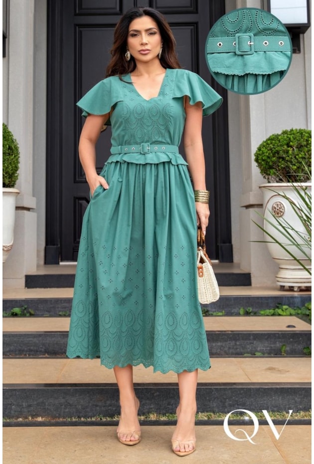 VESTIDO MIDI EVASÊ BORDADO EM VOIL VERDE - LUZIA FAZZOLLI