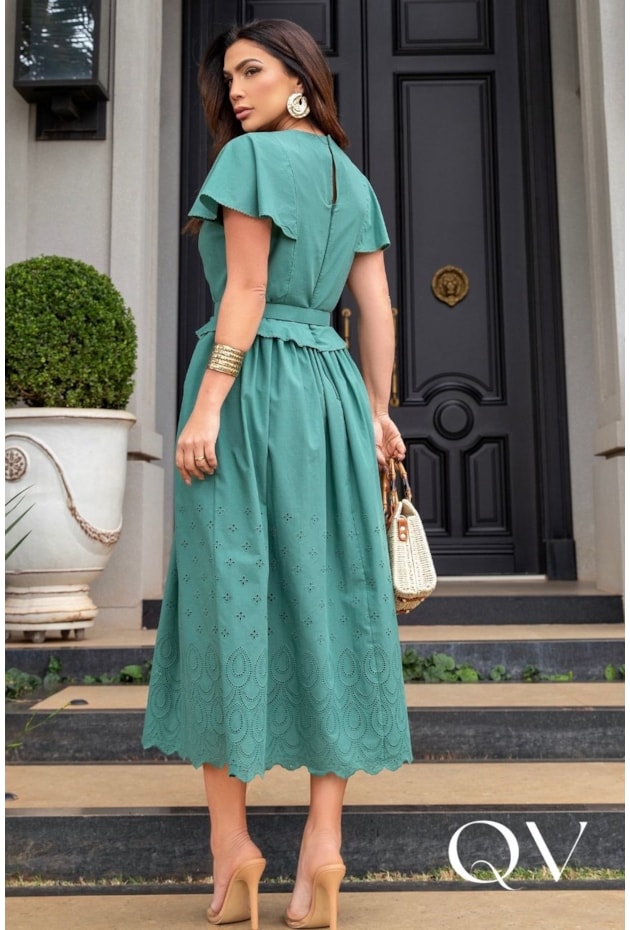 VESTIDO MIDI EVASÊ BORDADO EM VOIL VERDE - LUZIA FAZZOLLI