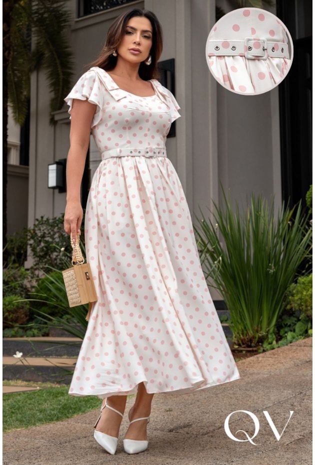 VESTIDO MIDI EVASÊ COM POÁ EM ALFAIATARIA BRANCO - LUZIA FAZZOLLI
