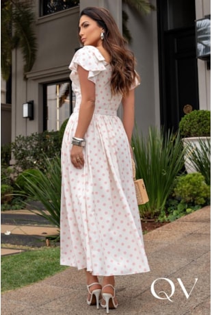 VESTIDO MIDI EVASÊ COM POÁ EM ALFAIATARIA BRANCO - LUZIA FAZZOLLI