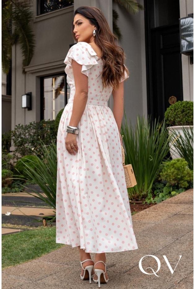 VESTIDO MIDI EVASÊ COM POÁ EM ALFAIATARIA BRANCO - LUZIA FAZZOLLI