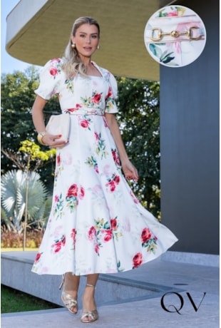 VESTIDO MIDI EVASÊ EM ALFAIATARIA BRANCO FLORAL - LUZIA FAZZOLLI