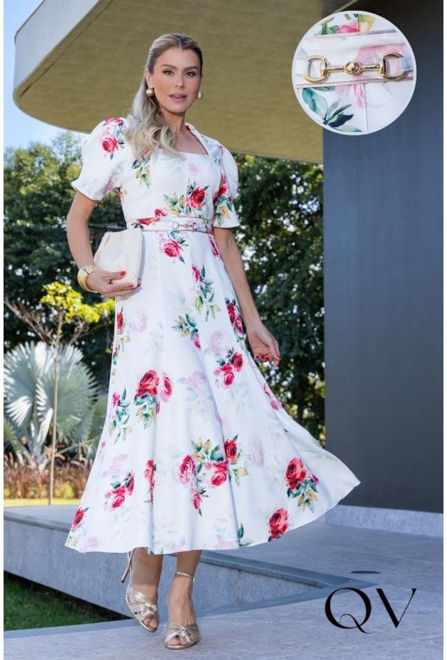 VESTIDO MIDI EVASÊ EM ALFAIATARIA BRANCO FLORAL - LUZIA FAZZOLLI