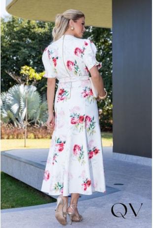 VESTIDO MIDI EVASÊ EM ALFAIATARIA BRANCO FLORAL - LUZIA FAZZOLLI