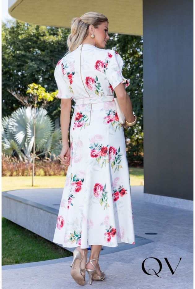 VESTIDO MIDI EVASÊ EM ALFAIATARIA BRANCO FLORAL - LUZIA FAZZOLLI