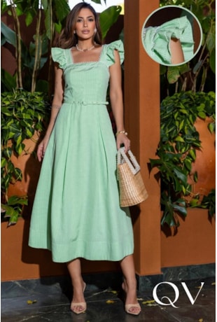 VESTIDO MIDI EVASÊ EM TRICOLINE VICHY VERDE - LUZIA FAZZOLLI