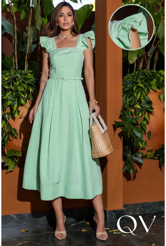 VESTIDO MIDI EVASÊ EM TRICOLINE VICHY VERDE - LUZIA FAZZOLLI