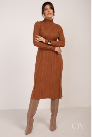 VESTIDO MIDI EVASÊ EM TRICOT CARAMELO - LEKAZIS