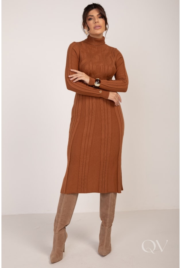 VESTIDO MIDI EVASÊ EM TRICOT CARAMELO - LEKAZIS