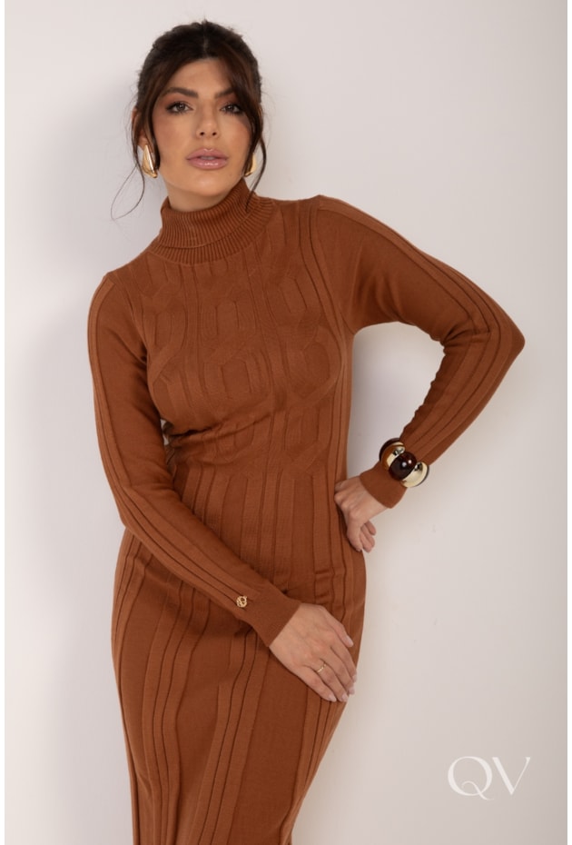 VESTIDO MIDI EVASÊ EM TRICOT CARAMELO - LEKAZIS