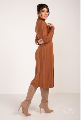 VESTIDO MIDI EVASÊ EM TRICOT CARAMELO - LEKAZIS