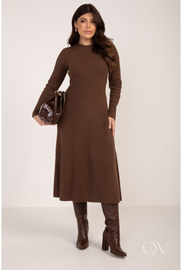 VESTIDO MIDI EVASÊ EM TRICOT MARROM - LEKAZIS