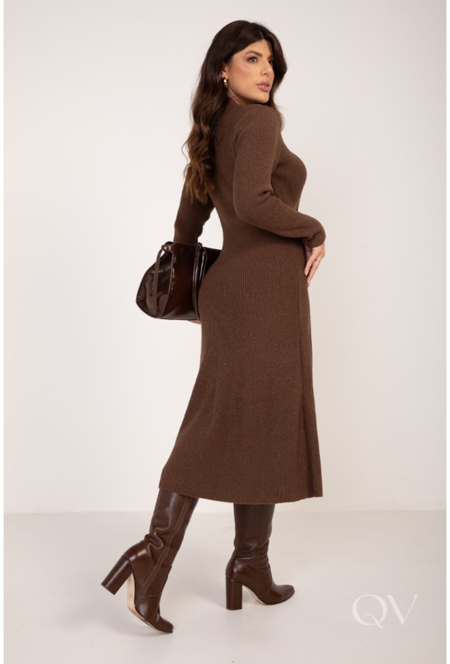 VESTIDO MIDI EVASÊ EM TRICOT MARROM - LEKAZIS