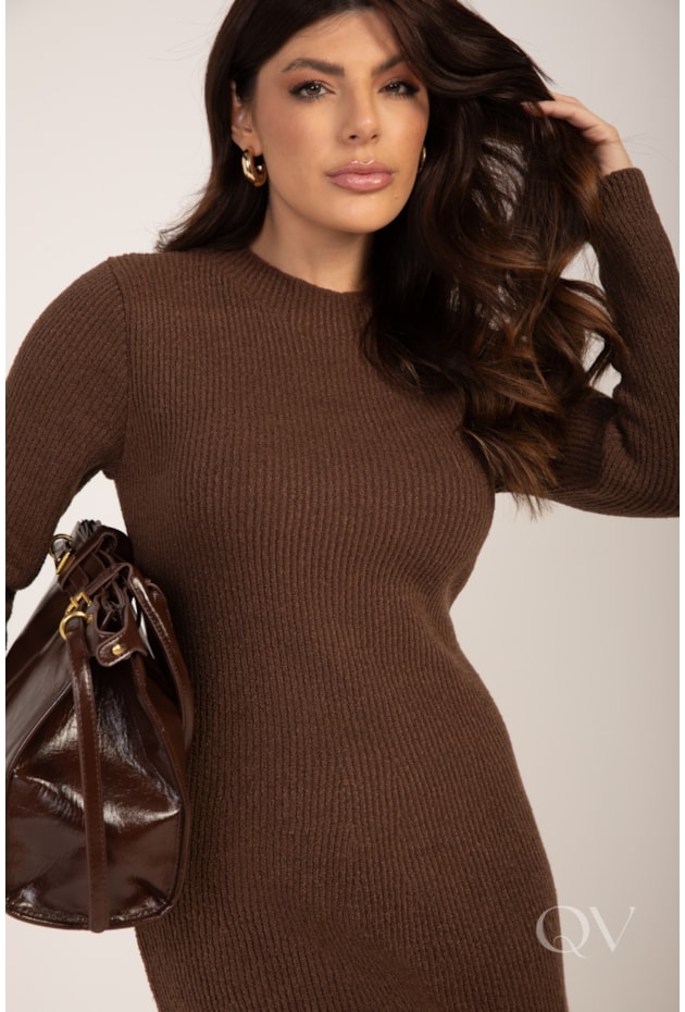 VESTIDO MIDI EVASÊ EM TRICOT MARROM - LEKAZIS