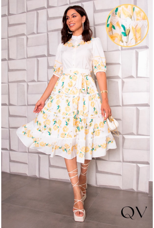 Vestido Midi Floral Amarelo Gola Padre Jany Pim Moda Evangélica